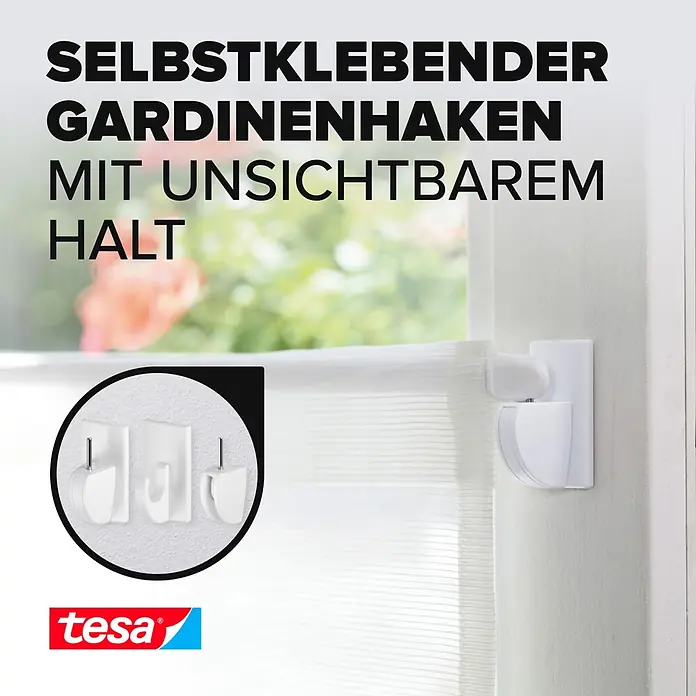 Tesa Powerstrips Gardinenhaken Vario - Weiß, Größe: S, 4 Stk. - Informationsansicht