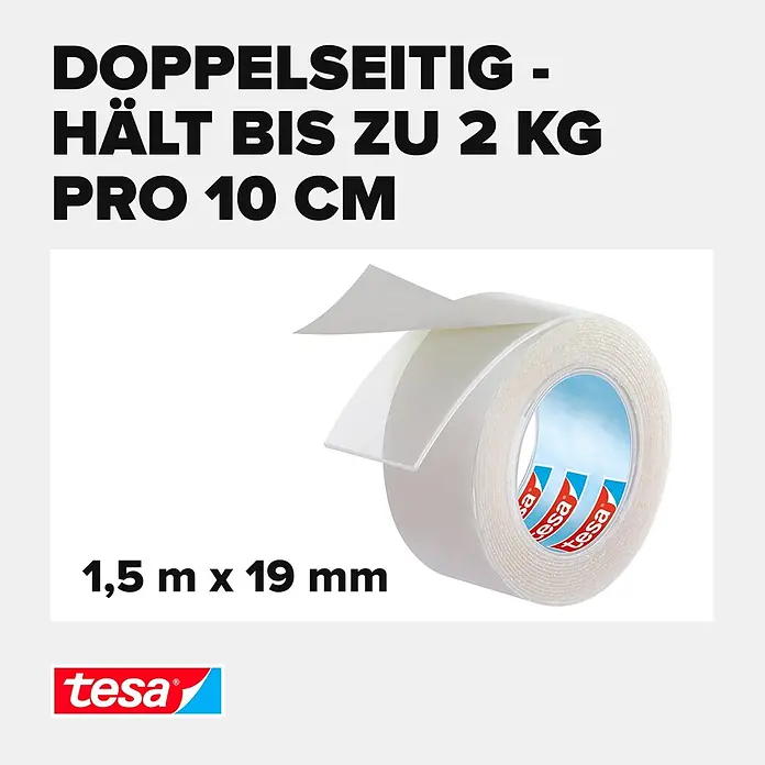 Tesa Montageband - Geeignet für: Glas, Belastbarkeit pro m: 20 kg, 1,5 m x 19 mm - Informationsansicht