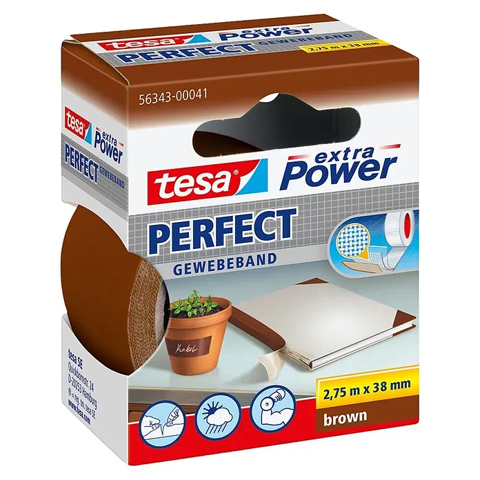 Tesa Extra Power Gewebeband PERFECT - Braun, 2,75 m x 38 mm - Diagonale Ansicht
