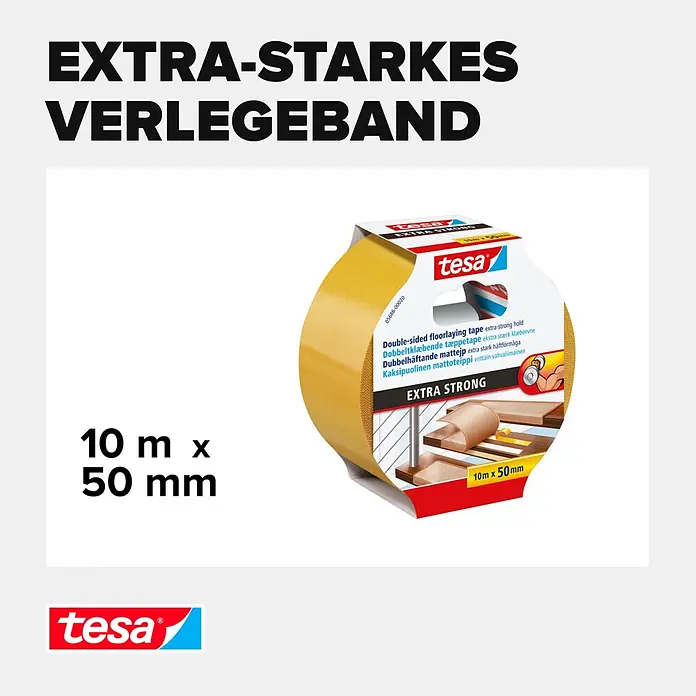 Tesa Verlegeband - 10 m x 50 mm, Beidseitig selbstklebend, Geeignet für: Fußbodenheizung - Informationsansicht