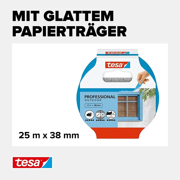 Tesa Malerband Außen - L x B: 25 m x 38 mm - Tesa Professional Outdoor Abdeckband (25m x 38mm) mit glattem Papierträger.