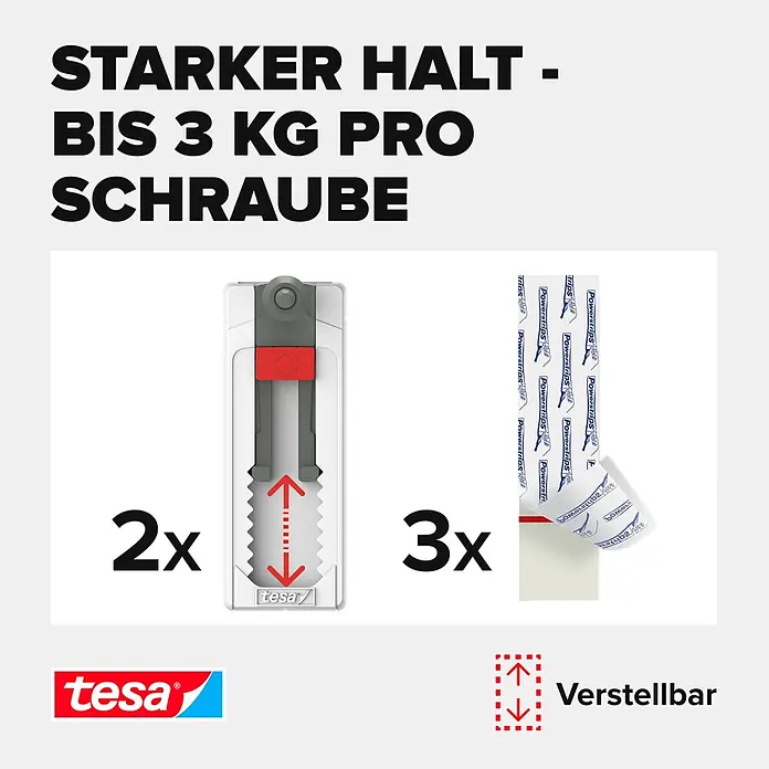 Tesa Verstellbare Klebeschraube - Geeignet für: Fliesen, Belastbarkeit: 3 kg, 2 Stk., Weiß - Informationsansicht