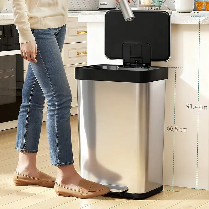 Homcom Treteimer mit Fußpedal - 60 l, Edelstahl, Silber