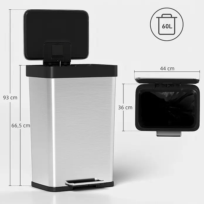 Homcom Treteimer mit Fußpedal - 60 l, Edelstahl, Silber