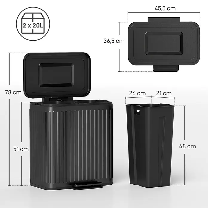 Homcom Treteimer Küchenmülleimer - 40 l, Metall, Schwarz