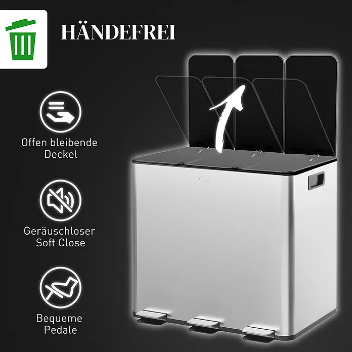 HOMCOM-Küchenabfalleimer-61,9L x 36,6B x 43,2H cm-Silber -  - Gebürsteter Edelstahl Mülleimer mit drei Fächern, Fußpedalen, sanft schließenden und offen bleibenden Deckeln für berührungslose Bedienung.