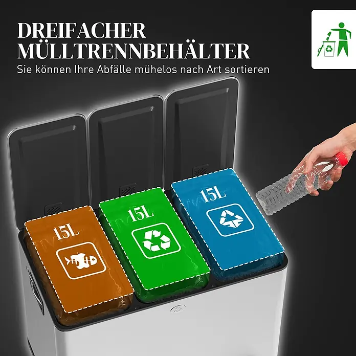 HOMCOM-Küchenabfalleimer-61,9L x 36,6B x 43,2H cm-Silber -  - Edelstahl Dreifach-Mülltrennsystem mit drei 15L-Fächern für verschiedene Abfallarten, eine Hand sortiert eine Plastikflasche ein.