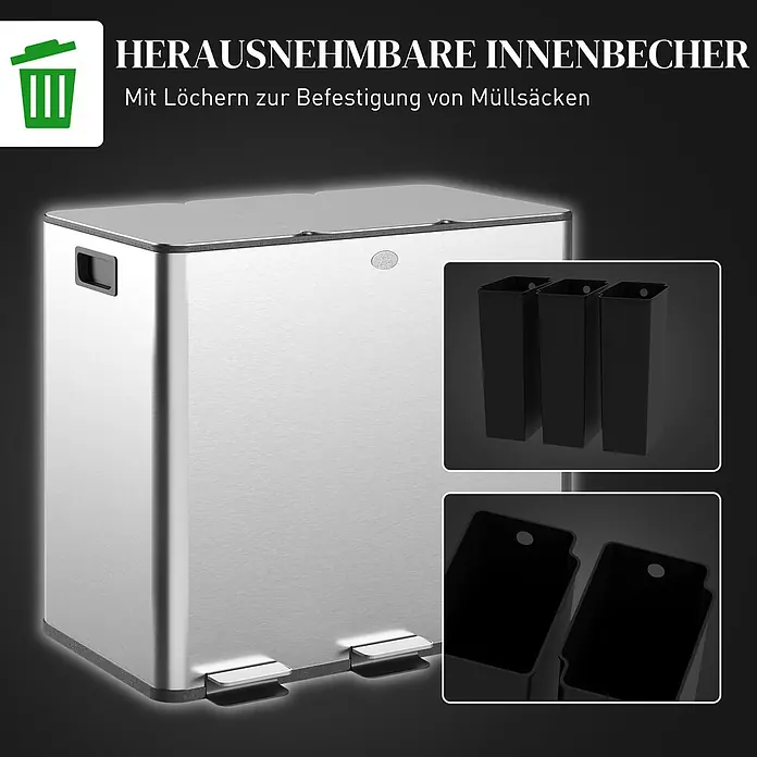 HOMCOM-Küchenabfalleimer-61,9L x 36,6B x 43,2H cm-Silber -  - Edelstahl Mülleimer mit drei Fächern und herausnehmbaren Innenbehältern mit Löchern zur Müllsackbefestigung.