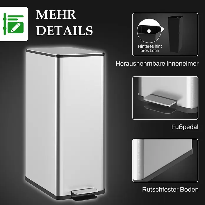 Homcom Treteimer mit Softclose-Deckel - 20 l, Edelstahl, Silber