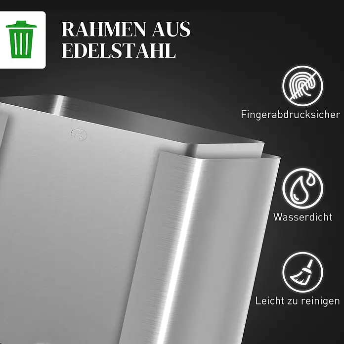 HOMCOM-Küchenabfalleimer-61,9L x 36,6B x 43,2H cm-Silber -  - Edelstahl-Mülleimer mit fingerabdrucksicherer, wasserdichter und leicht zu reinigender Oberfläche.