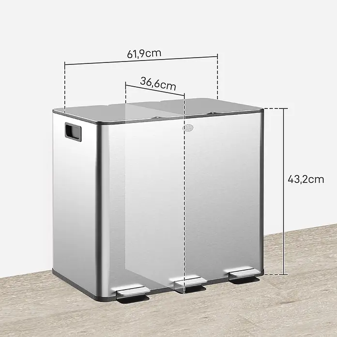HOMCOM-Küchenabfalleimer-61,9L x 36,6B x 43,2H cm-Silber -  - Edelstahl-Doppelmülleimer mit Fußpedalen. Maße: 61,9cm B x 36,6cm T x 43,2cm H.