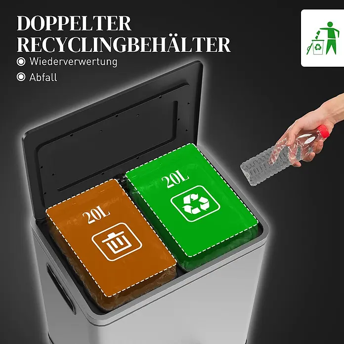 Homcom Treteimer mit Fußpedal - 40 l, Edelstahl, Silber