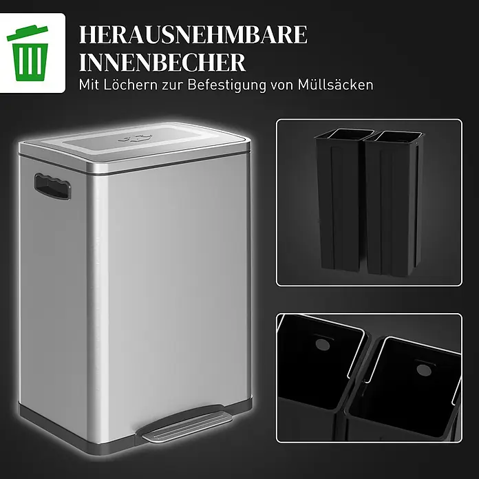 Homcom Treteimer mit Fußpedal - 40 l, Edelstahl, Silber