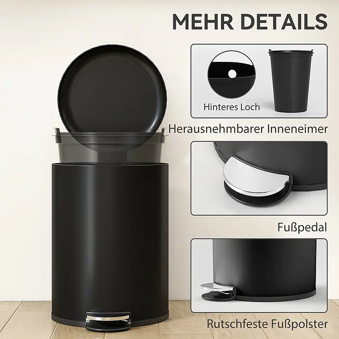 Homcom Treteimer 1-teilig - 20 l, Metall, Schwarz