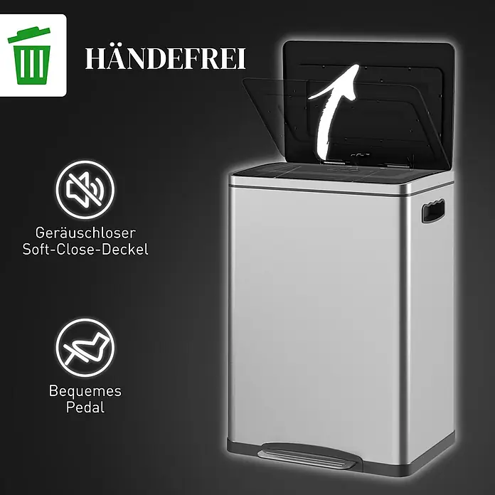 Homcom Treteimer mit Fußpedal - 40 l, Edelstahl, Silber