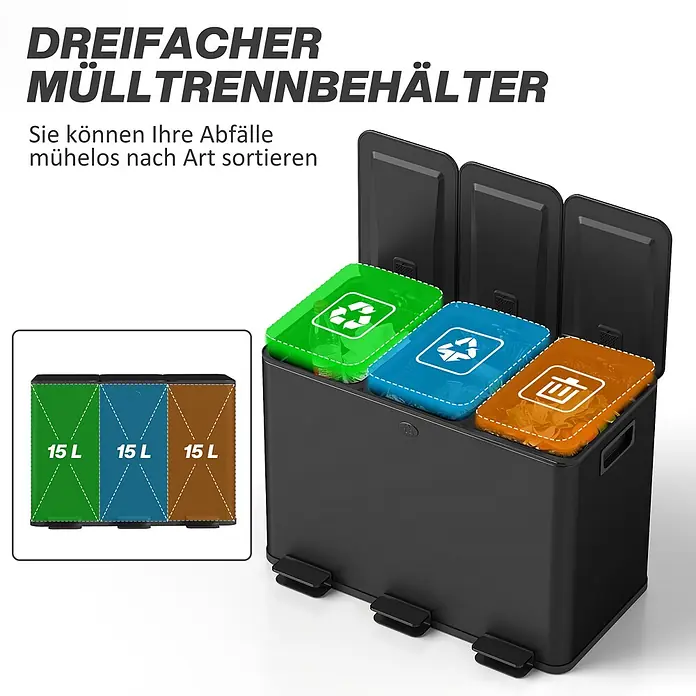 Homcom Mülltrennsystem - 45 l, Edelstahl, Schwarz