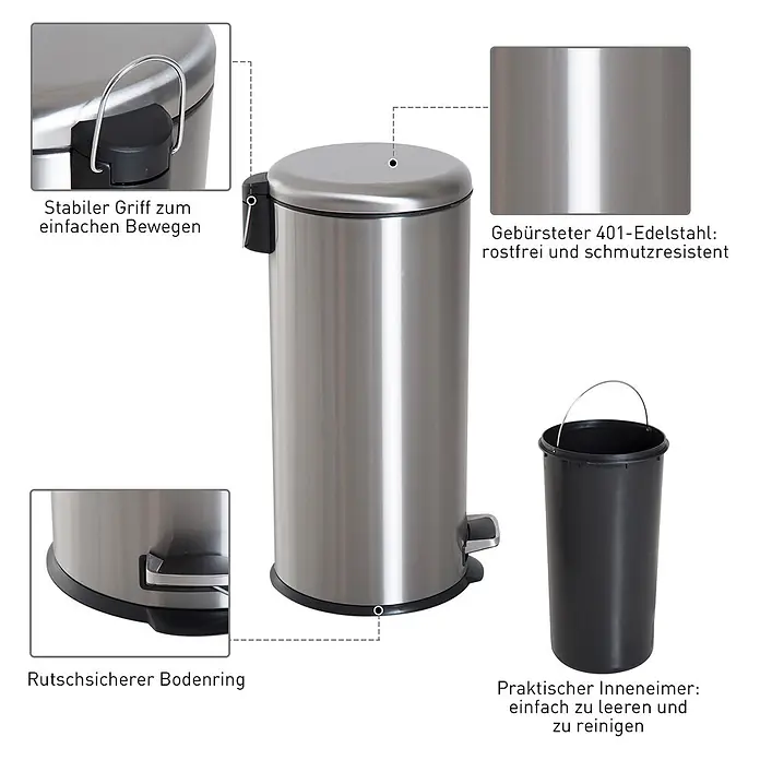 Homcom Treteimer - 30 l, Edelstahl, Silber
