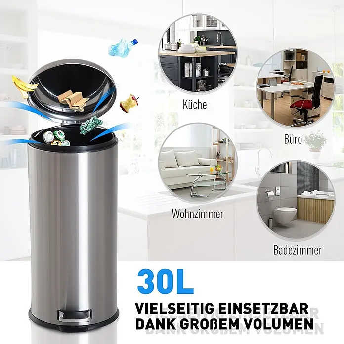 Homcom Treteimer - 30 l, Edelstahl, Silber