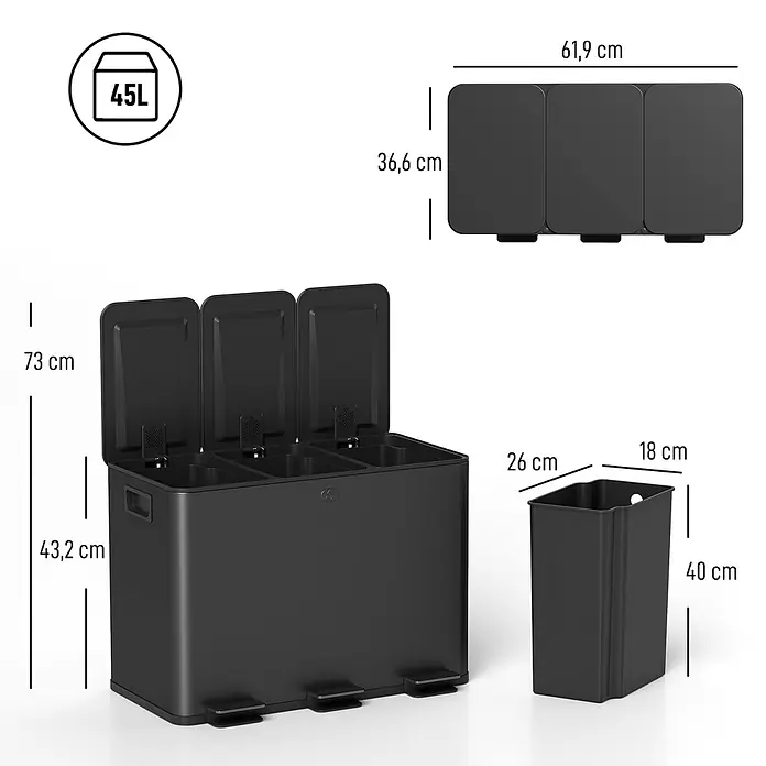 Homcom Mülltrennsystem - 45 l, Edelstahl, Schwarz
