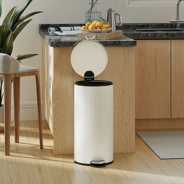 Homcom Treteimer mit Softclose-Deckel - 30 l, Metall, Cremeweiß