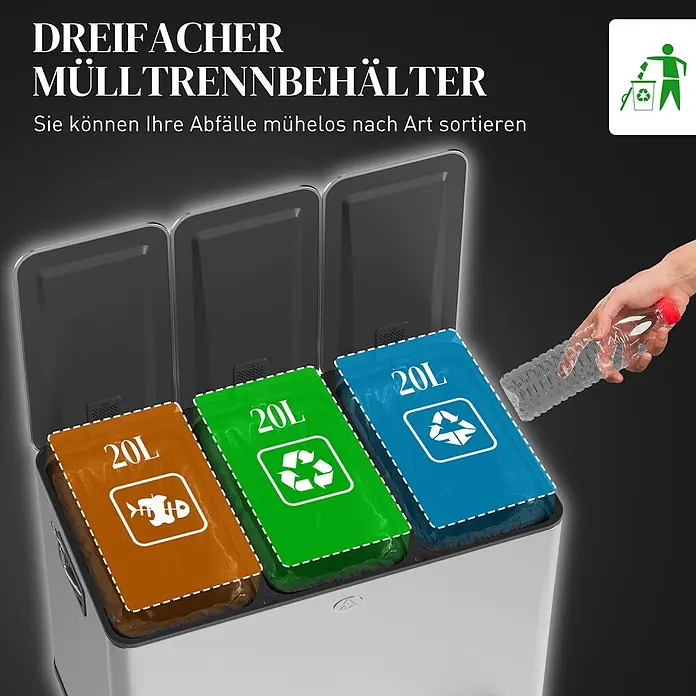 Homcom Mülltrennsystem mit Deodorant-Deckel - 60 l, Edelstahl, Silber