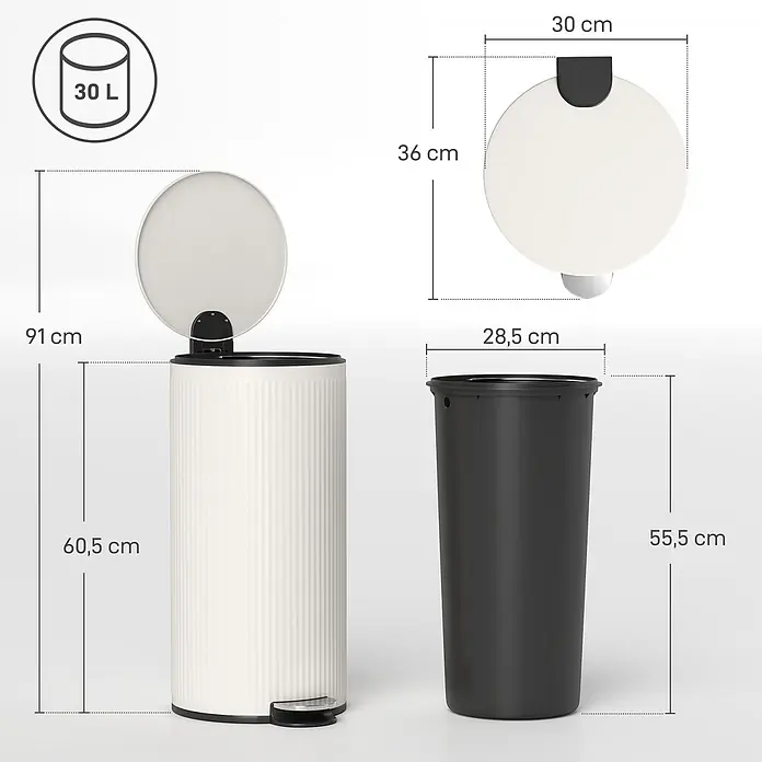 Homcom Treteimer mit Softclose-Deckel - 30 l, Metall, Cremeweiß