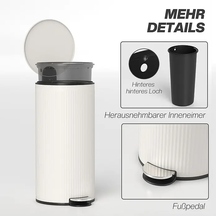 Homcom Treteimer mit Softclose-Deckel - 30 l, Metall, Cremeweiß
