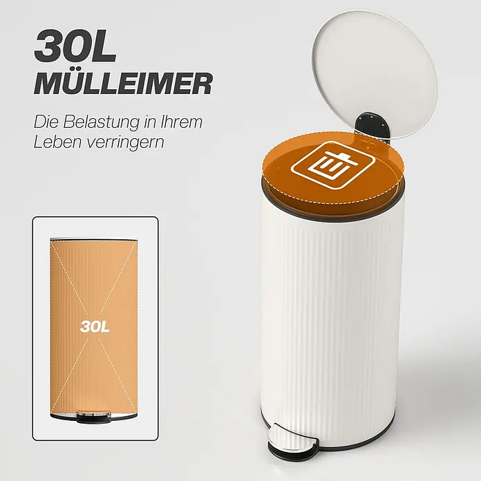 Homcom Treteimer mit Softclose-Deckel - 30 l, Metall, Cremeweiß