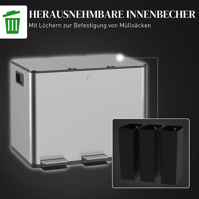 Homcom Mülltrennsystem mit Deodorant-Deckel - 60 l, Edelstahl, Silber