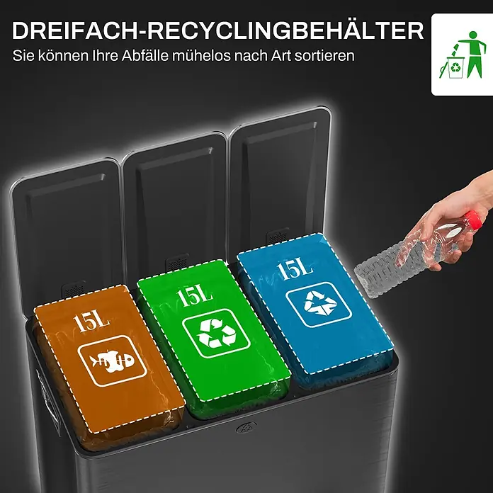 Homcom Mülltrennsystem mit Deodorant-Deckel - 45 l, Edelstahl, Schwarz