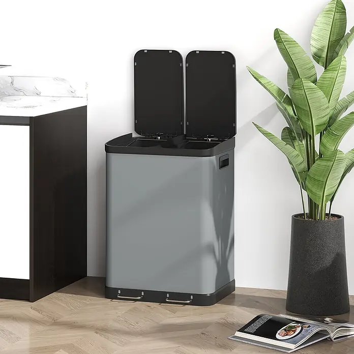 Homcom Mülltrennsystem Doppelfach-Mülleimer - 60 l, Metall, Grau