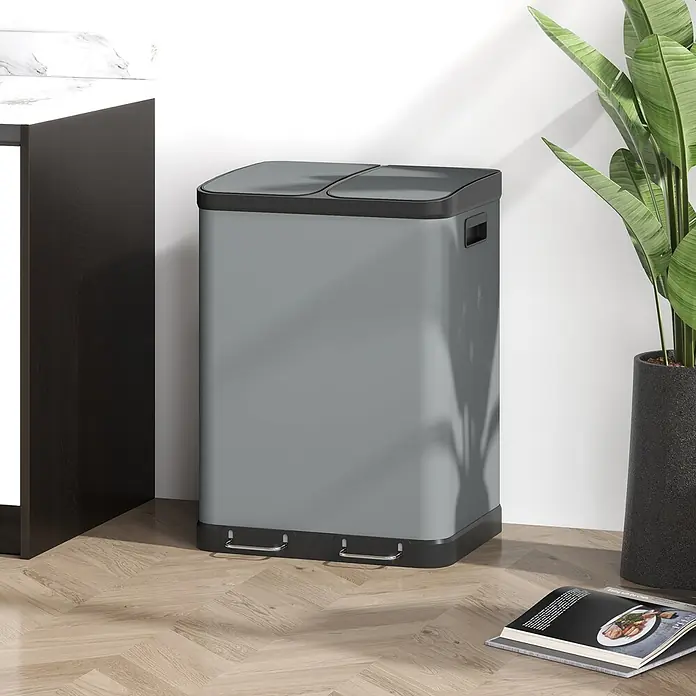 Homcom Mülltrennsystem Doppelfach-Mülleimer - 60 l, Metall, Grau
