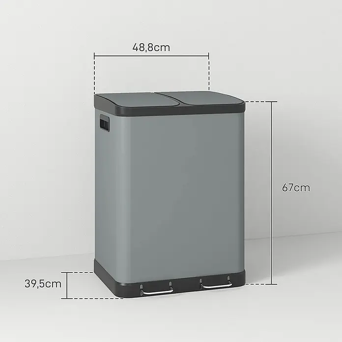 Homcom Mülltrennsystem Doppelfach-Mülleimer - 60 l, Metall, Grau