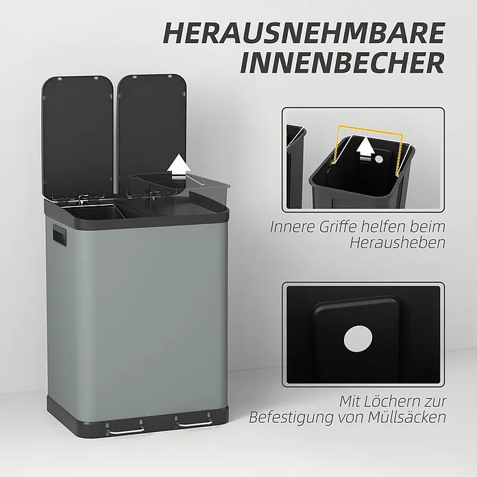 Homcom Mülltrennsystem Doppelfach-Mülleimer - 60 l, Metall, Grau