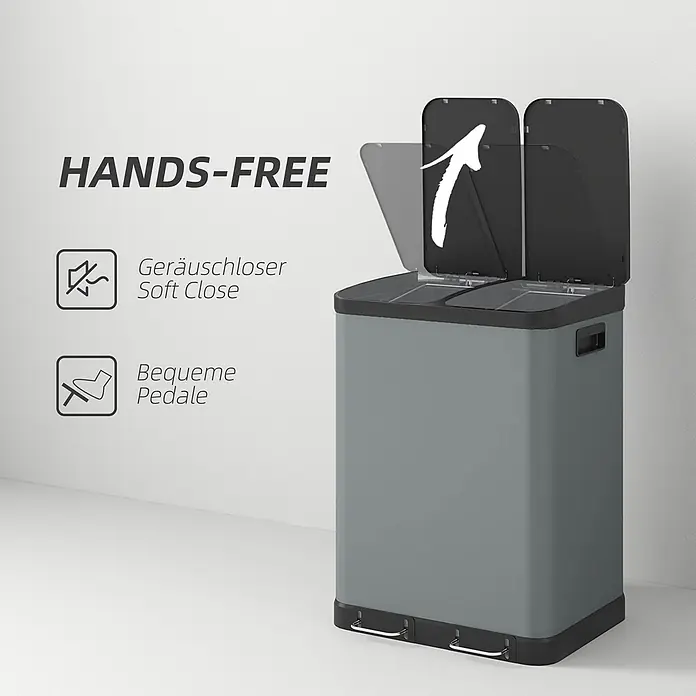 Homcom Mülltrennsystem Doppelfach-Mülleimer - 60 l, Metall, Grau
