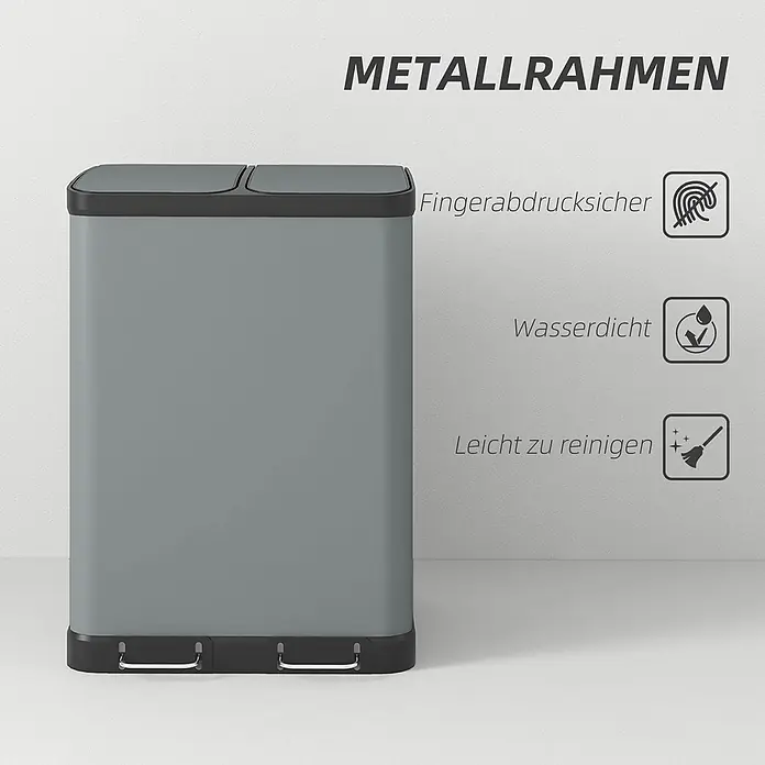 Homcom Mülltrennsystem Doppelfach-Mülleimer - 60 l, Metall, Grau