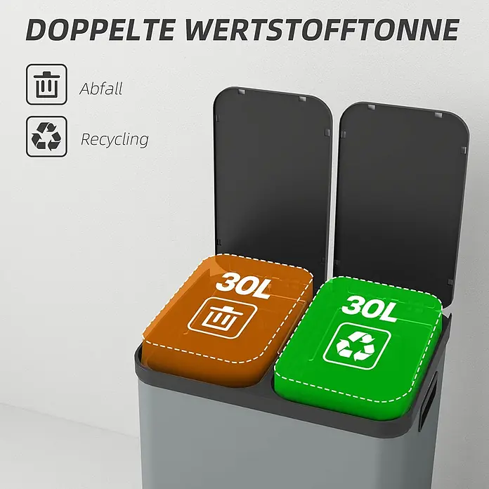Homcom Mülltrennsystem Doppelfach-Mülleimer - 60 l, Metall, Grau
