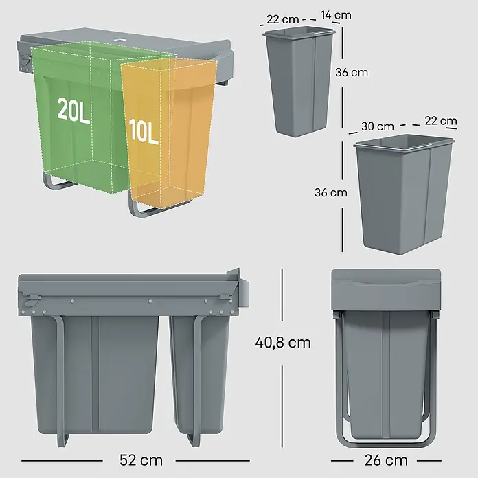 Homcom Einbaumülleimer - 30 l, Kunststoff, Grau