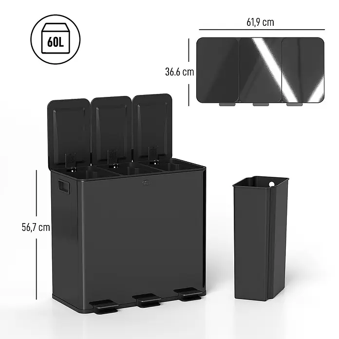 Homcom Mülltrennsystem Tretmülleimer - 60 l, Edelstahl, Schwarz