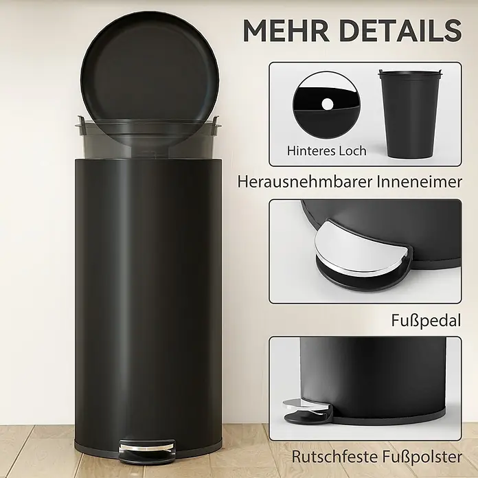 Homcom Treteimer 1-teilig - 30 l, Metall, Schwarz