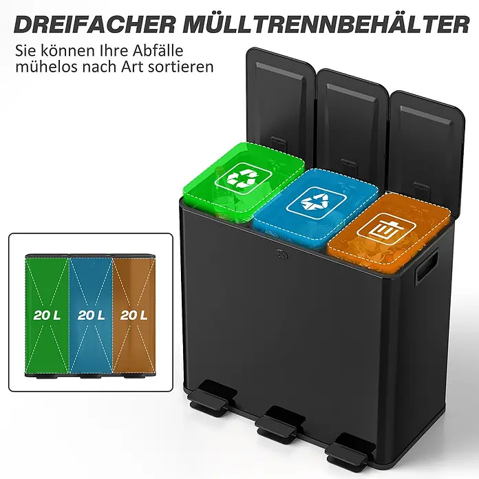 Homcom Mülltrennsystem Tretmülleimer - 60 l, Edelstahl, Schwarz