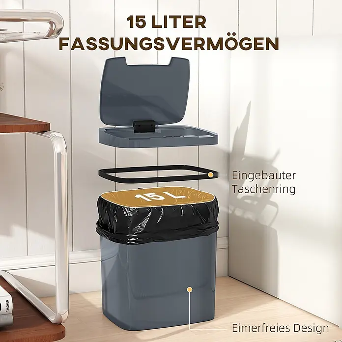 Homcom Sensormülleimer mit zwei Öffnungsmodi - 15 l, Kunststoff, Grau
