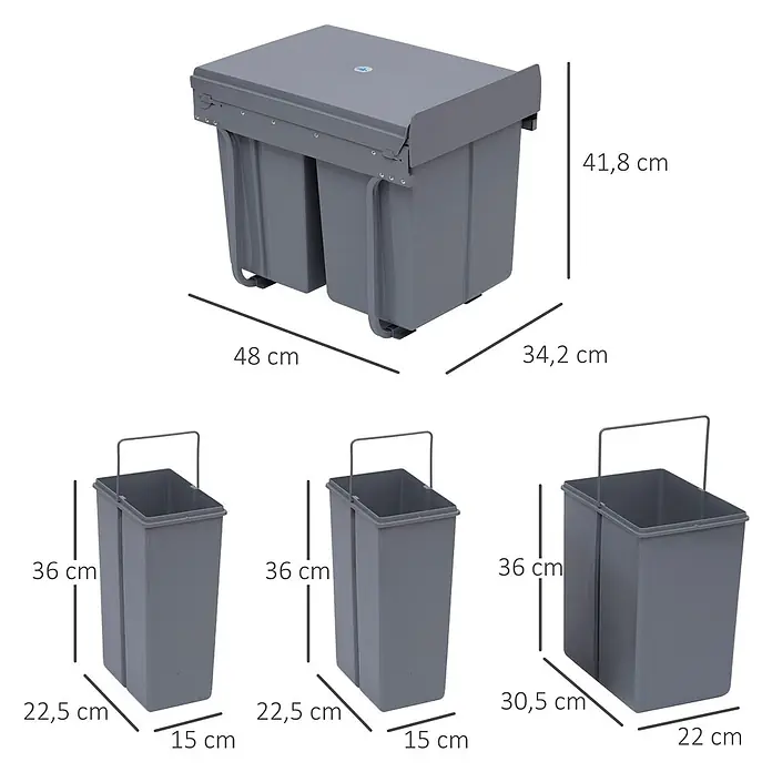 Homcom Einbaumülleimer Schienensystem - 40 l, Kunststoff, Grau