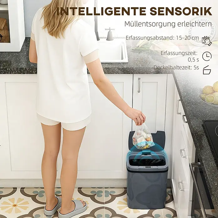 Homcom Sensormülleimer mit zwei Öffnungsmodi - 15 l, Kunststoff, Grau