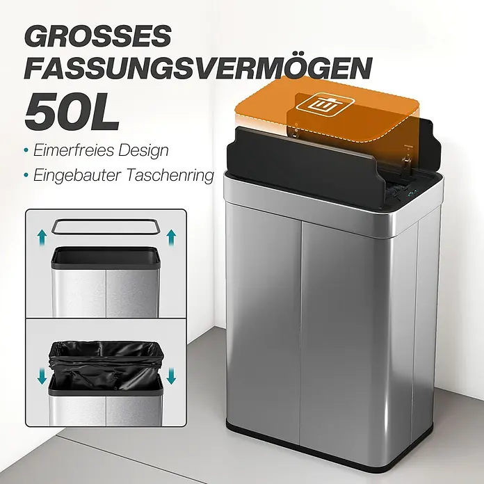 Homcom Sensormülleimer Sensor-Mülleimer - 55 l, Edelstahl, Silber