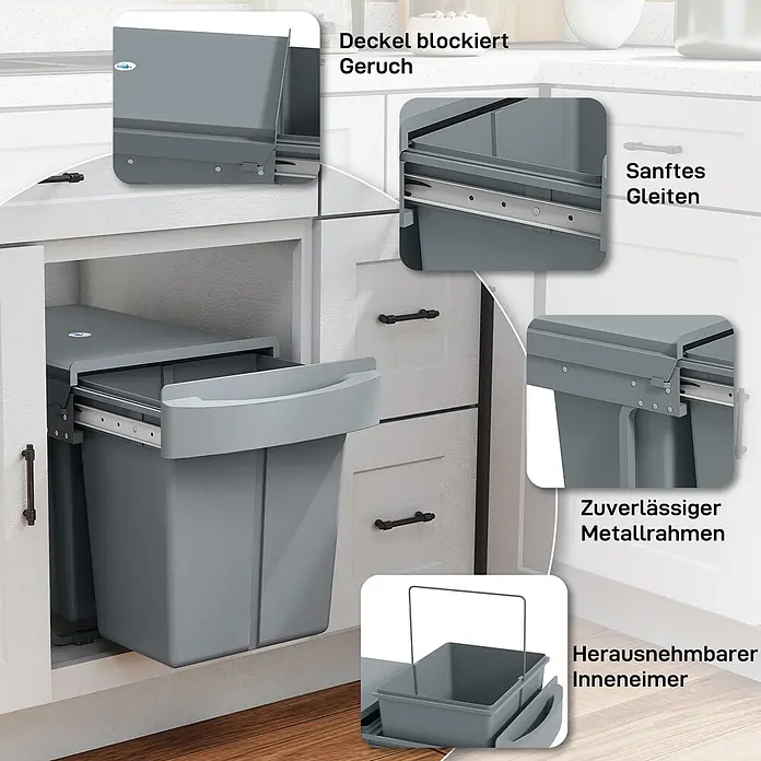 Homcom Einbaumülleimer ausziehbarer Mülleimer - 40 l, Kunststoff, Grau