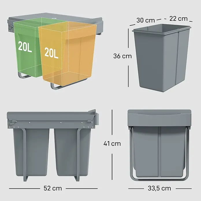 Homcom Einbaumülleimer ausziehbarer Mülleimer - 40 l, Kunststoff, Grau
