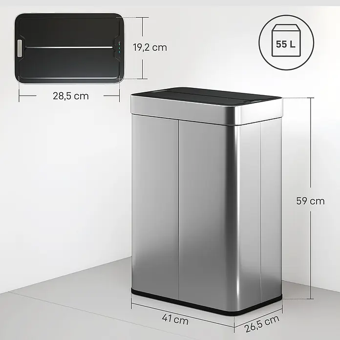 Homcom Sensormülleimer Sensor-Mülleimer - 55 l, Edelstahl, Silber