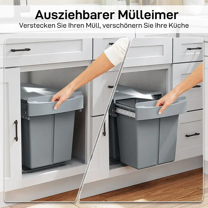 Homcom Einbaumülleimer ausziehbarer Mülleimer - 40 l, Kunststoff, Grau
