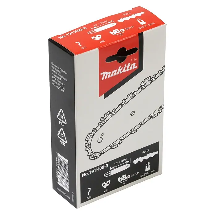 Sägekette - Passend für: Kettensägen mit 25 cm Sägeschienen, 1,1 mm Schienennutbreite und 3/8"-Teilung - Makita Kettensägenkettenbox, rot-schwarz, mit Kettenabbildung. Spezifikationen: 10"/25cm, 3/8" LP, .043"/1.1mm, 40 Glieder.